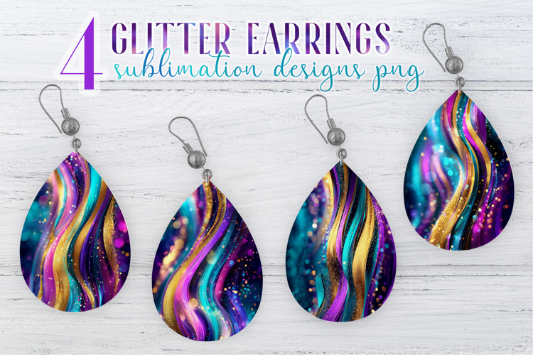 Glitter Earrings Sublimation|Golden Pink Blue Waves Teardrop