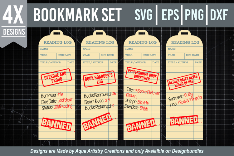 4x Library Reading Logs Bookmarks, Funny and Creative, SVG