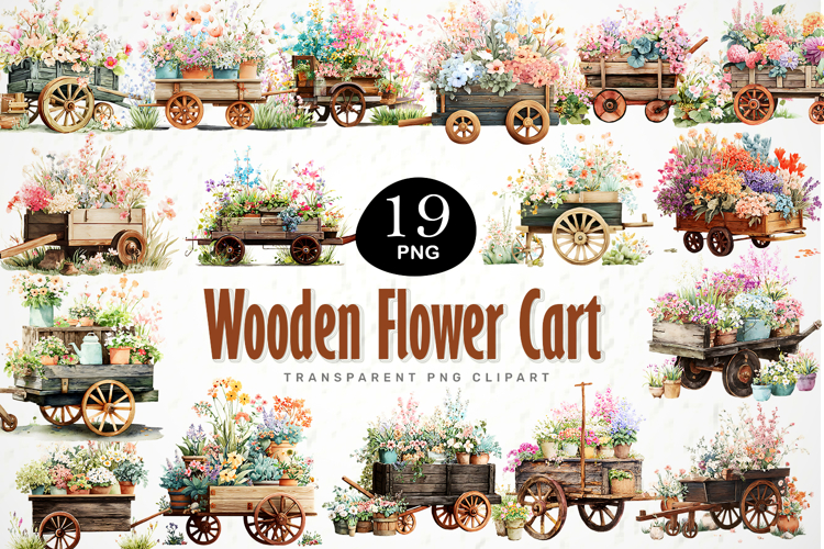 Wooden Flower Cart Clipart Bundle 19 PNG Transparent BG