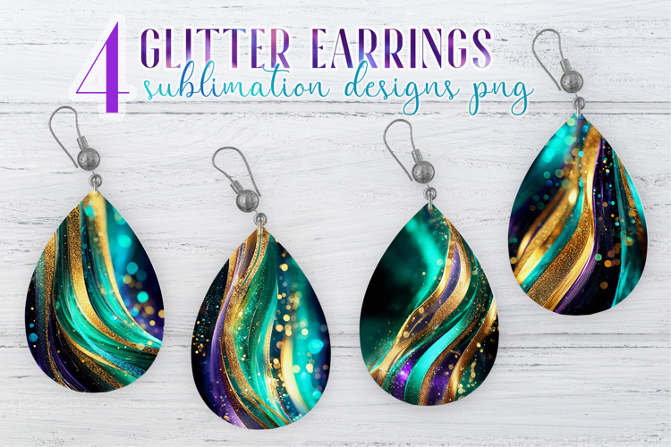 Glitter Earrings Sublimation. Gold Emerald Stripes Teardrop