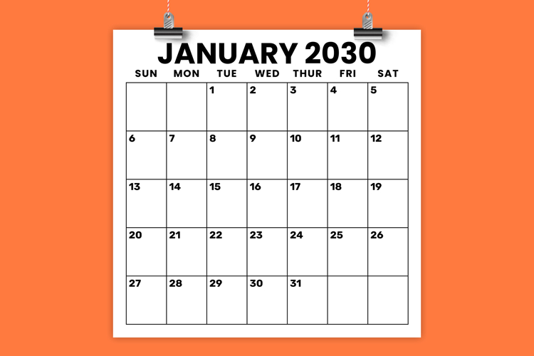 2030 Square 12 x 12 Inch Large Number Calendar Template