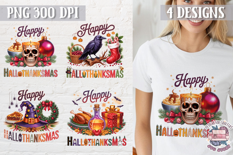 HalloThanksMas Sublimation T Shirt Design PNG 4 designs