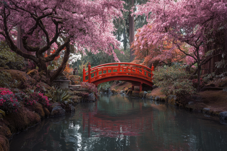 Arched Bridge Spanning a Calm Pond Background Wallpaper