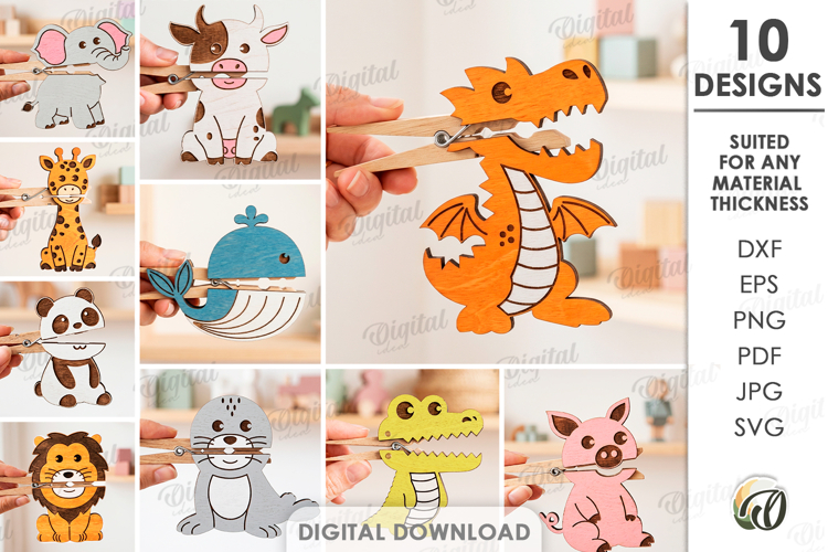 Animal Clothespin Puppets Bundle Laser Cut. Kids Toy SVG example image 1