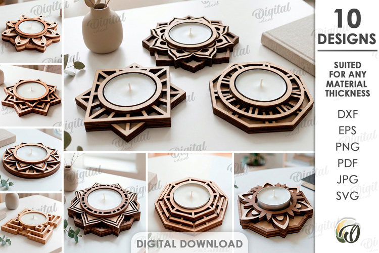Decorative Candle Holders Bundle Laser Cut. Tealight SVG