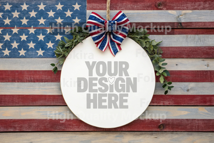 4th of July Round Wood Sign Mockup - Door Wood Sign