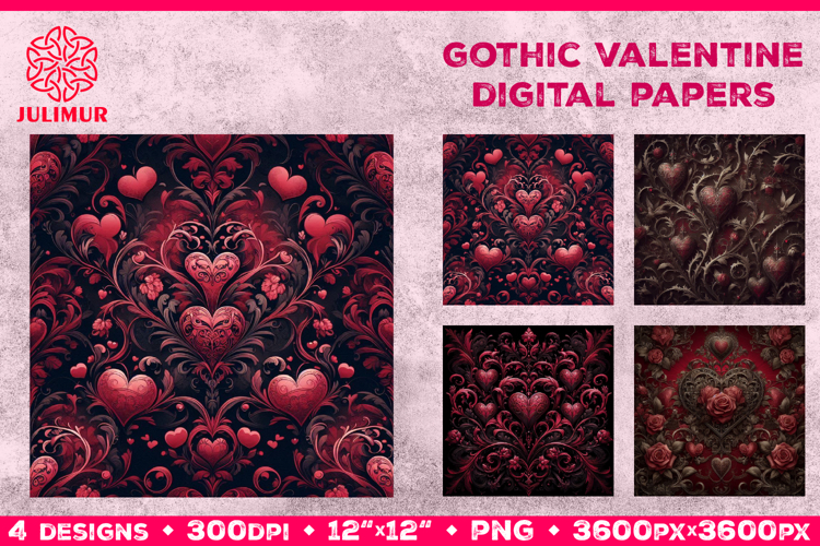 Gothic Valentine Digital Paper with Ornate Red Hearts