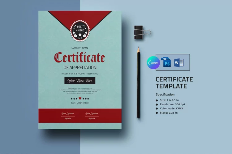 Certificate template, Canva, MS Word & Photoshop Template