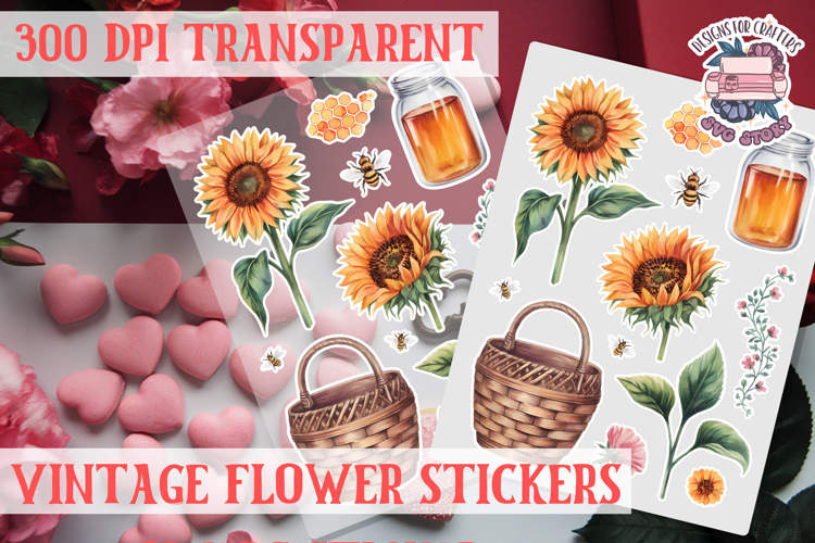 Vintage flowers sticker sheet Spring Botanical PNG