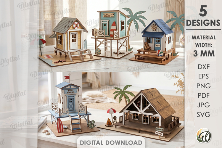 3D Beach Houses Bundle Laser Cut. Summer Stand Decor SVG
