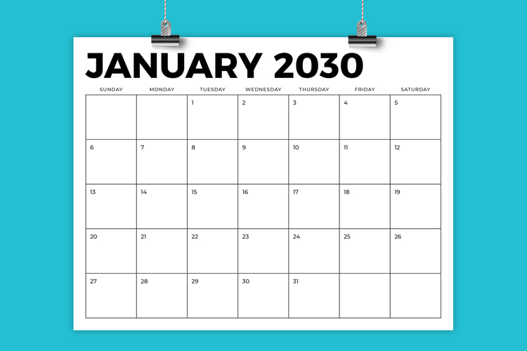 2030 8.5 x 11 Inch Bold Sans Serif Calendar Template