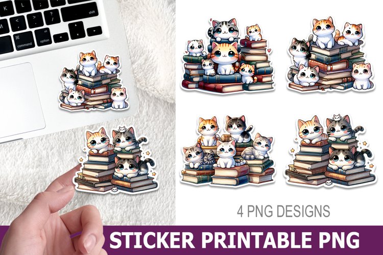 Cute Cat on Book Sticker Printable | High Quality 300 Dpi example image 1