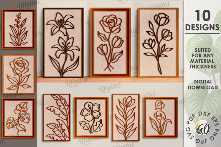Botanical Line art decors Bundle Laser Cut. Wall Decor SVG