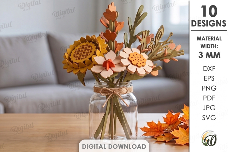 3D Autumn Flowers Laser Cut. Fall bouquet. Home decor