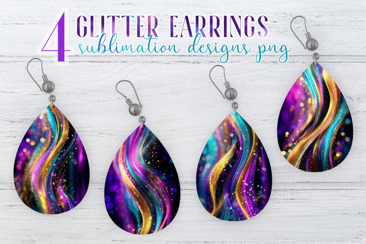 Glitter Earrings Sublimation|Golden Pink Blue Waves Teardrop