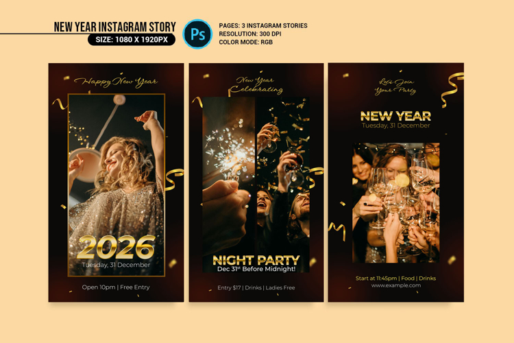New Year Party Instagram Stories, Photoshop template