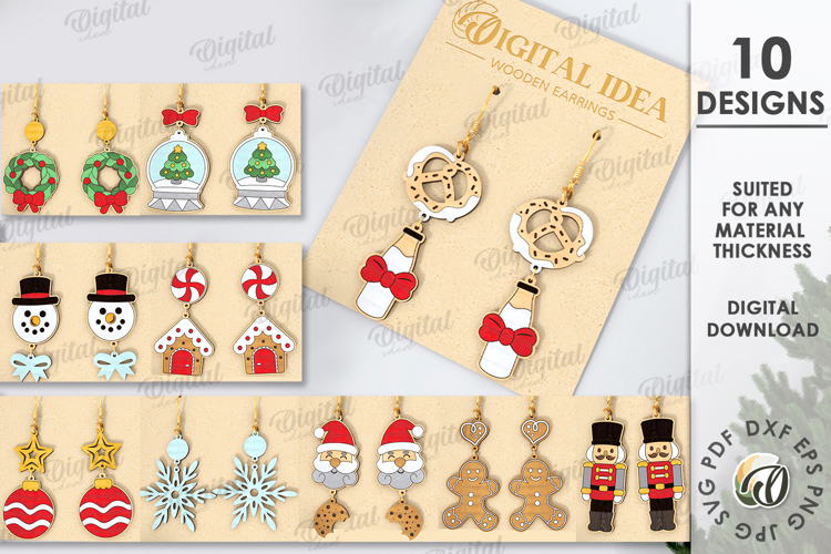 Christmas Earrings Bundle Laser Cut. Drop Earrings SVG
