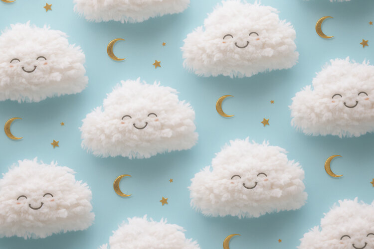 Fluffy White Cloud Plushies with Smiling Faces Background example image 1