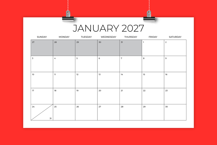 2027 11 x 17 Inch Office Calendar Template