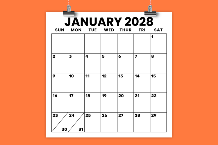 2028 Square 12 x 12 Inch Large Number Calendar Template