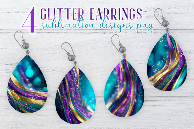 Glitter Earrings Sublimation | Teal Golden Stripes Teardrop