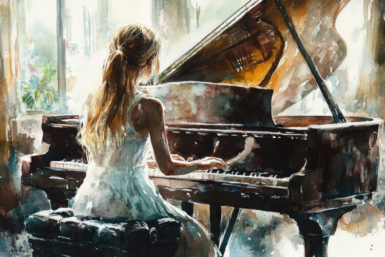 Girl Play Piano Painting Background Wallpaper example image 1