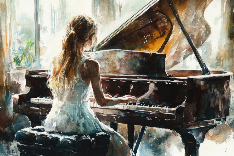 Girl Play Piano Painting Background Wallpaper