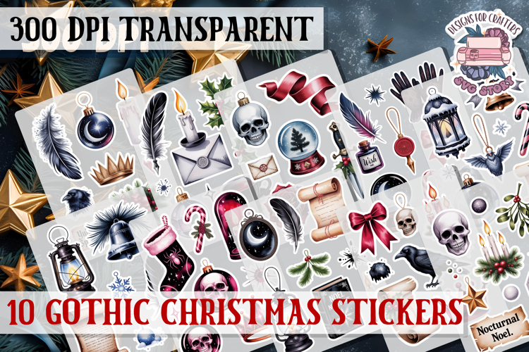 Gothic Christmas Watercolor Sticker Sheet Winter Scary PNG