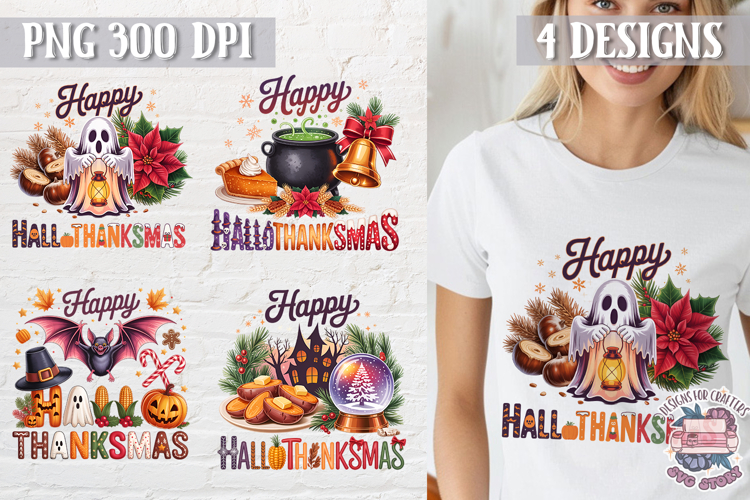 HalloThanksMas Sublimation T Shirt Design PNG 4 designs