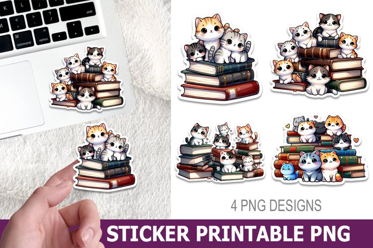 Cute Cat on Book Sticker Printable | High Quality 300 Dpi example image 1