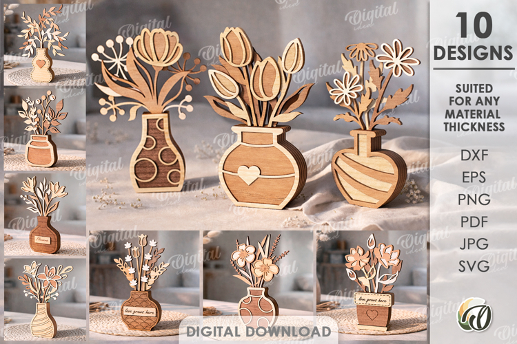 3D Flowers With Vases Bundle Laser Cut. Stand Decor SVG