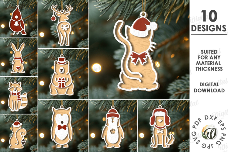 Christmas Tree Ornaments Bundle Laser Cut. Animals SVG
