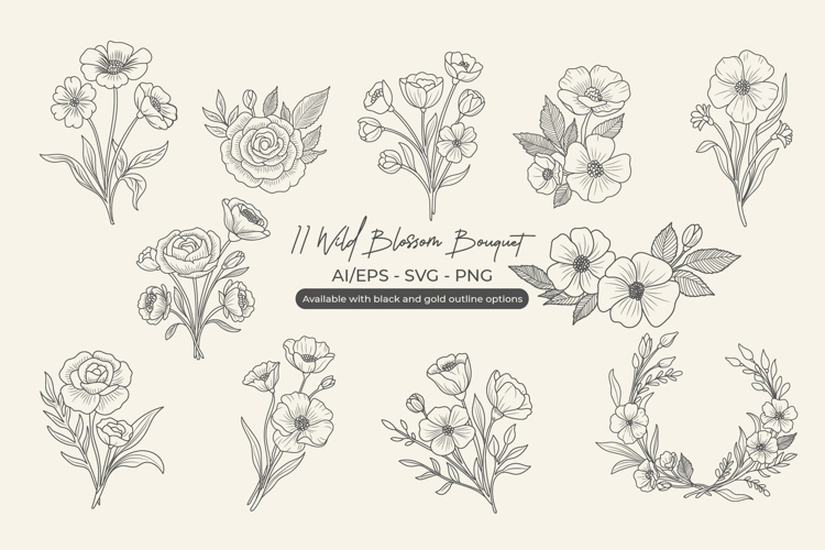 Vintage Wild Blossom Line Art