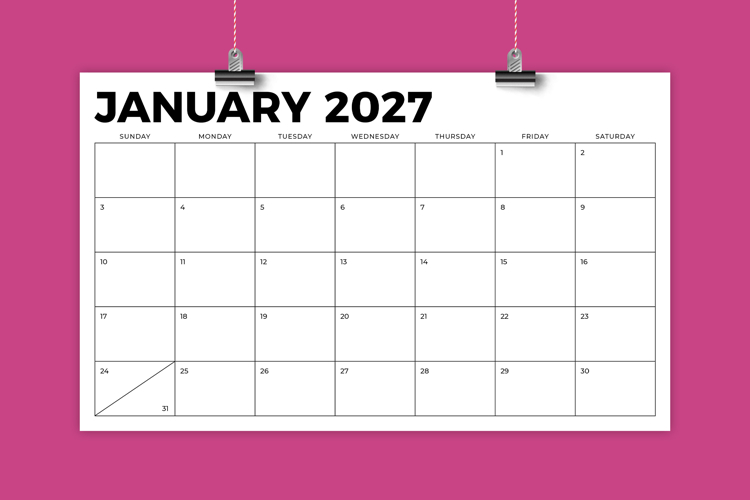 2027 8.5 x 14 Inch Bold Sans Serif Calendar Template