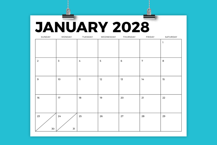 2028 8.5 x 11 Inch Bold Sans Serif Calendar Template