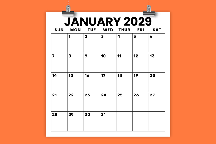 2029 Square 12 x 12 Inch Large Number Calendar Template