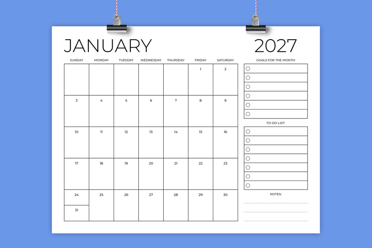 2027 8.5 x 11 Inch Calendar Monthly Planner