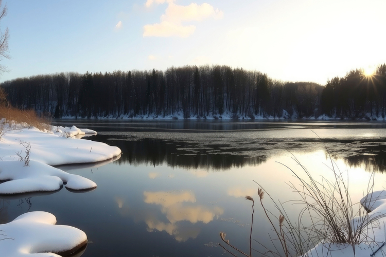 Forest Snow With Lake Background