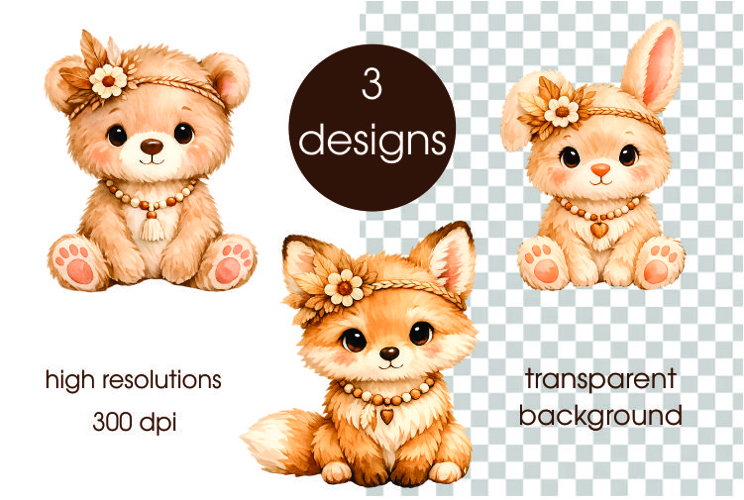 Watercolor boho woodland animals clupart