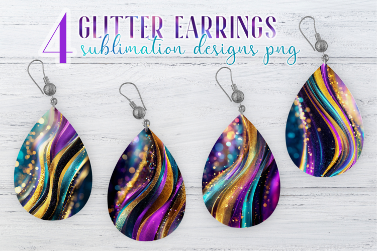 Glitter Earrings Sublimation|Golden Colorful Waves Teardrop