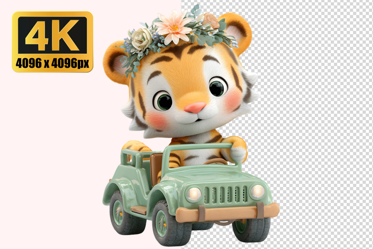 Cute Baby Tiger Wearing a Flower Transparent PNG