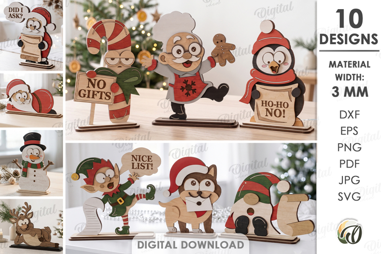 Funny Christmas Characters Bundle Laser Cut. Stand Decor SVG