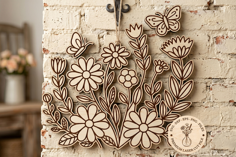 Floral Wall Decor SVG, Wildflower Laser Cut File, Butterfly