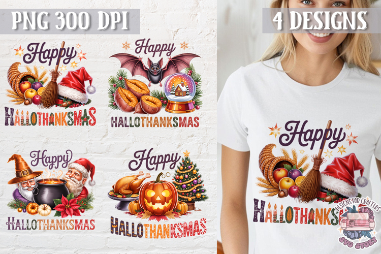 HalloThanksMas Sublimation T Shirt Design PNG 4 designs
