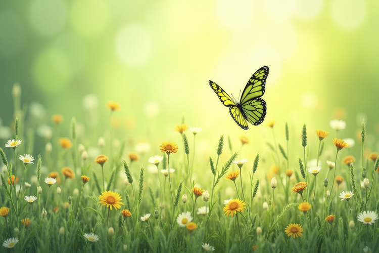 Butterfly Flying over a Field of Wildflowers Background