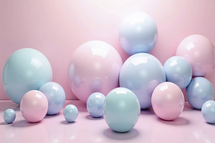 Glossy Spheres in Pastel Pink and Blue Colors Background