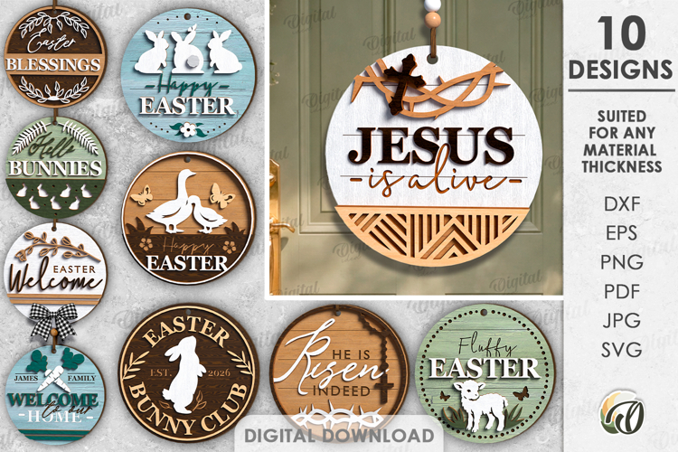 3D Easter Round Signs Bundle Laser Cut. Door Sign SVG