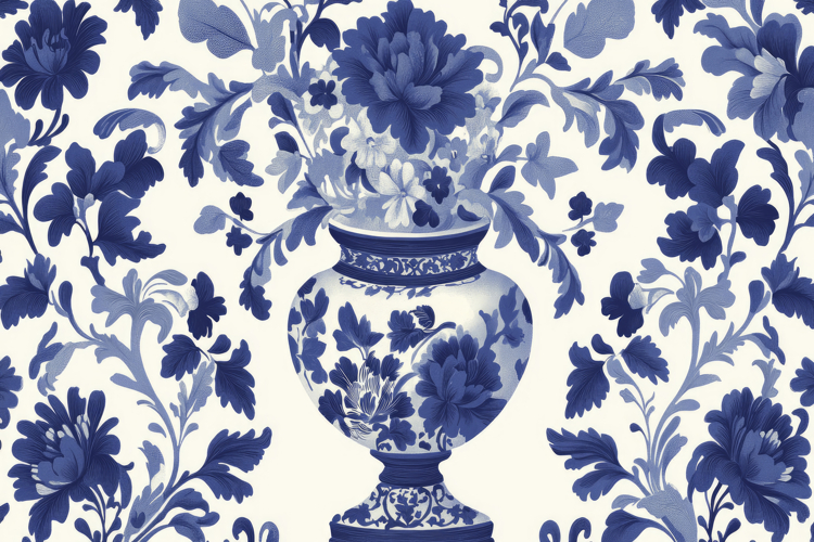 Blue and White Porcelain Vase with Floral Pattern Background