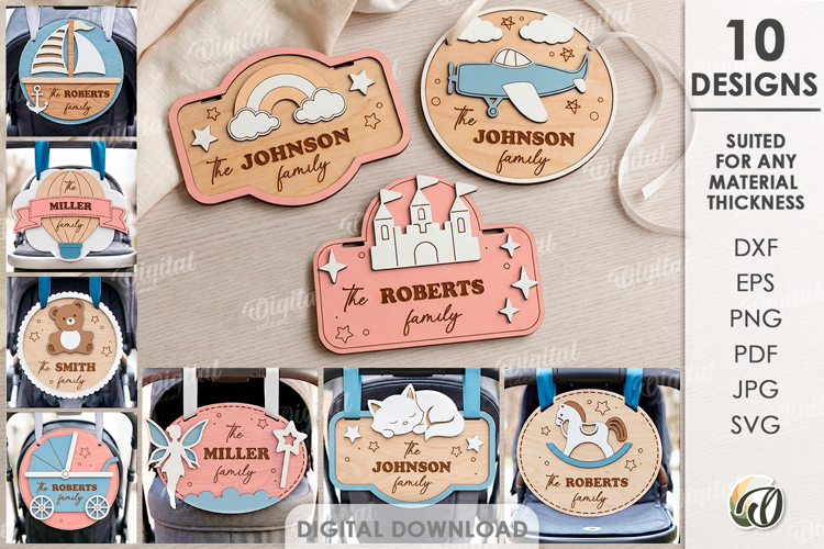 3D Baby Stroller Signs Bundle Laser Cut. Stroller Tag SVG