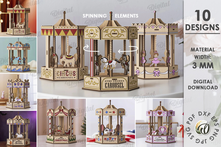 3D Spinning Carousels Bundle Laser Cut. Stand Decor SVG
